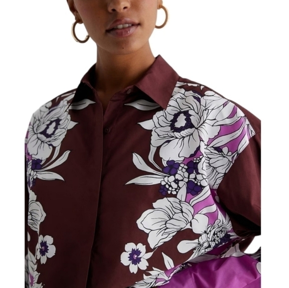 EXPRESS New Boyfriend Portofino Burgundy Floral Button Front Shirt SZ Medium - Picture 14 of 14